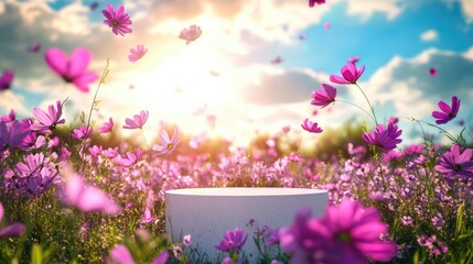 Vibrant spring meadow with pink flowers surrounding circular stone platform