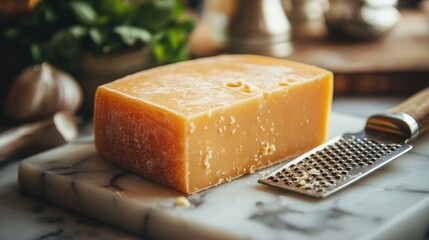 Close-up of aged parmesan cheese block with grater on marble surface