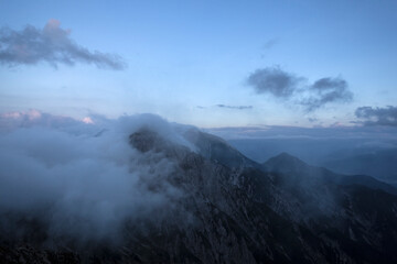 Panoramic view Freyungen mountains  from Nordlinger hut on Karwendel Hohenweg, Austria