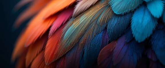 Obraz premium wide macro closeup background image of beautiful smooth finished natural bird feather texture with colorful and vibrant colour tones 