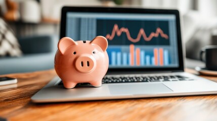 Pink piggy bank on laptop with financial graphs on screen