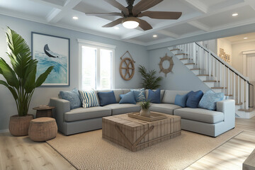 Contemporary coastal-inspired living room design featuring airy open spaces and effortlessly relaxed modern seaside elegance