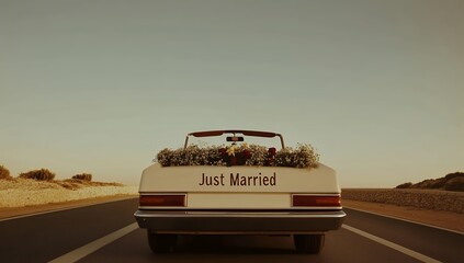 Just married couple's vintage convertible drives away, adorned with flowers, signifying new beginnings and marital bliss
