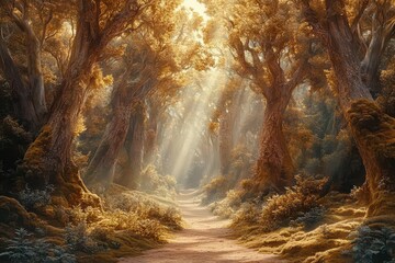 Mystical Forest Path Illuminated by Golden Sunlight Rays, Fantasy Art for Storytelling or Meditation Content