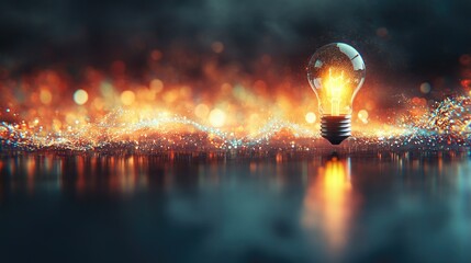 Glowing lightbulb amidst vibrant abstract glittering particles in dark atmosphere