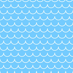 White curved waves on blue background. Simple vector seamless pattern.