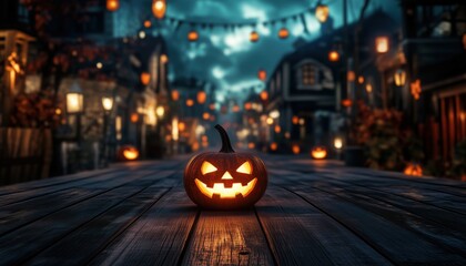 Fototapeta premium Spooky Halloween Scene: Scary Horror With Jack O Lantern On Wooden Deck, Old Town Street Illuminated By Glowing Lamps.