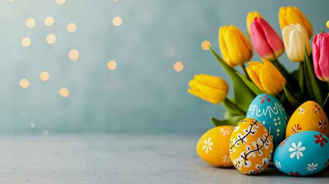 A bunch of colorful easter eggs and tulips on a table