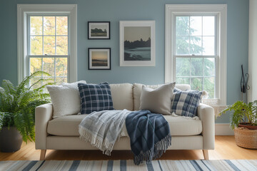 Warm and Inviting New England-Style Living Room Showcasing Classic Design and Cozy, Timeless Rustic Charm