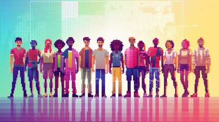 A vibrant pixel art digital illustration of a diverse group of people standing together. The colorful, abstract background enhances the retro gaming aesthetic. AI generated.
