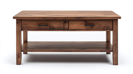 Wooden table with two drawers living room furniture isolated on white background.