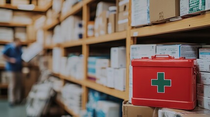 Red first aid kit on shelf in warehouse with blurred worker background