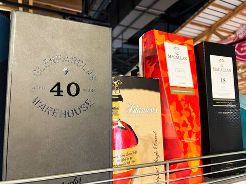 Kyiv, Ukraine - February 11, 2025: Close-up of premium whiskey packaging displayed on a shelf in a store