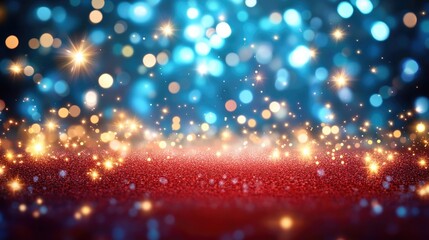 Naklejka premium Glittering bokeh lights on red sparkling background with blue highlights