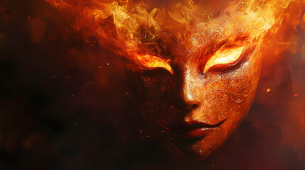 Obraz premium A fiery, otherworldly masquerade mask, seemingly sculpted from molten stone and flame, gazes intensely, embodying a dramatic and enigmatic carnival spirit. Otherworldly Carnival. Illustration