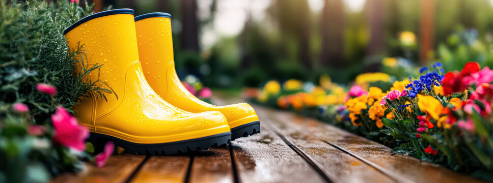 Pair of yellow rain boots in garden with colorful flowers. Spring concept banner for landscaping, gardening or park design.