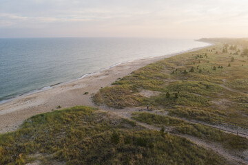 Serene coastal landscape: sandy beach, dunes, lush greenery, and calm sea stretching to the horizon under a soft, hazy sky.