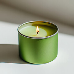Lighted olive green candle in a tin container on a minimalistic background. Organic candle concept.