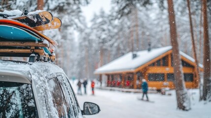 Winter cabin getaway: snow-covered car with skis and snowboards in forest retreat