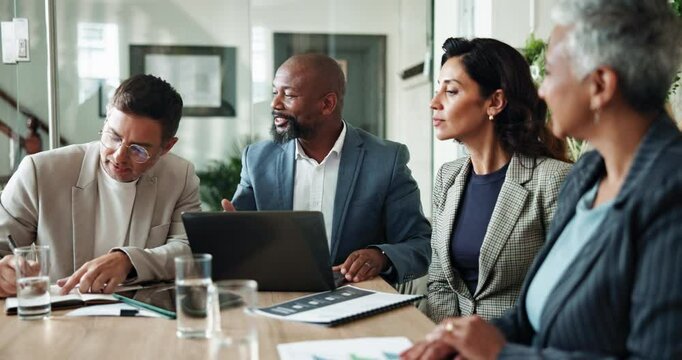 Laptop, team and business people talking in meeting for solution, policy idea or insight. Group, planning or cooperation in office for project development with diversity, equity and inclusion officer