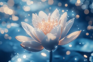 Glowing water lily, serene pond, bokeh background, spa ad
