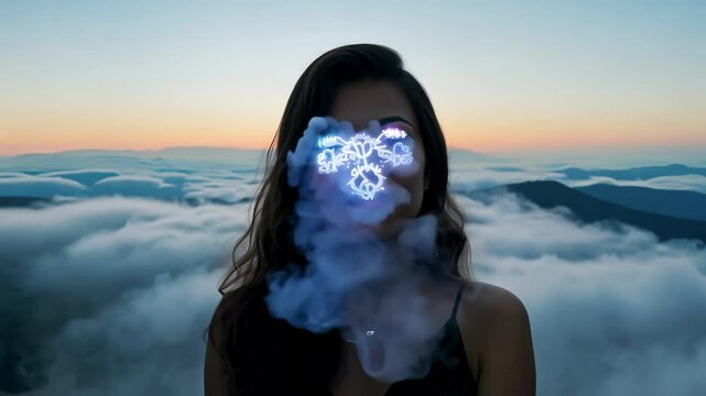 A mesmerizing silhouette stands tall amidst a blanket of clouds, the vibrant lights in her eyes reflecting the breathtaking hues of the sunset, creating a moment of pure magic in the mountains.