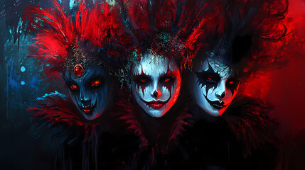 Fantasy demonic trio portrait. Otherworldly Carnival. Illustration