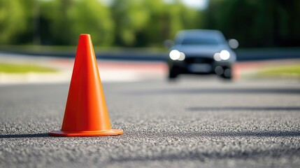 Traffic cone on road with blurred car in background