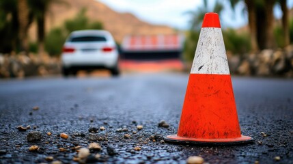 Orange traffic cone on wet road with blurred car in background in a desert setting