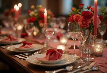 Fototapeta premium Romantic Table Setting for Special Occasion valentine's day. AI Generated