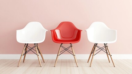 Modern minimalist decor with red accent chair between two white chairs