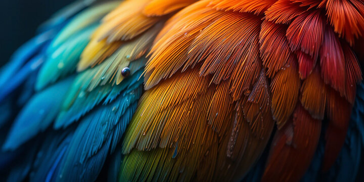 wide macro closeup background image of beautiful smooth finished natural macaw parrot feather texture with colorful and vibrant colour tones   