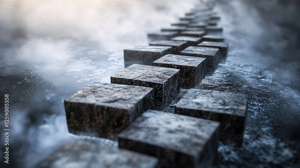 Poster path of stone cubes leading through fog on dark background