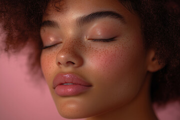 A close-up shot of a woman with closed eyes, showing her natural beauty and radiant skin. Her soft lips are tinted with a subtle pink shade, and her skin is glowing with a smooth texture.