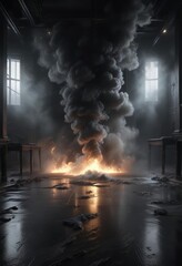 Dramatic stormy atmosphere with billowing smoke enveloping the floor in darkness, dramatic, atmosphere, enveloping