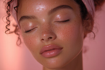 A close-up shot of a woman with closed eyes, showing her natural beauty and radiant skin. Her soft lips are tinted with a subtle pink shade, and her skin is glowing with a smooth texture