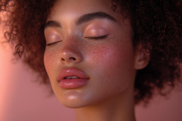 A close-up shot of a woman with closed eyes, showing her natural beauty and radiant skin. Her soft lips are tinted with a subtle pink shade, and her skin is glowing with a smooth texture.