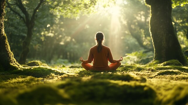 Nature's Embrace: Woman in Meditative Pose Surrounded by Lush Greenery and Serene Atmosphere. Generative AI