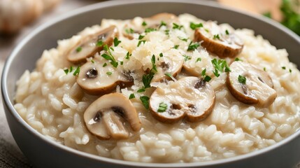 Close-up of rice with delicious mushroom risotto. Featuring mushrooms in a creamy Parmesan sauce, served over rice. Emphasizing a rich, creamy dish. Ideal for risotto recipes.