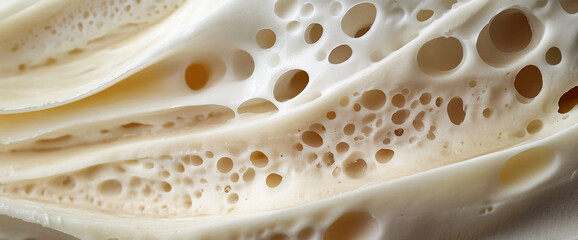 Close-up of cheese with large holes, showcasing its texture and smooth surface, representing the intricacies of cheese making and the unique design of the dairy product