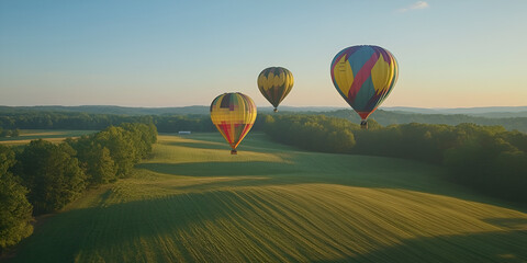 Naklejka premium Hot Air Balloons Floating Above Scenic Rolling Hills