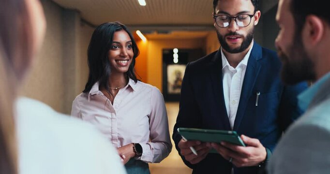Tablet, clients and business people with handshake in office, discussion and agreement for schedule. Night, employees and manager with shaking hands for seminar, b2b meeting or welcome in hotel lobby