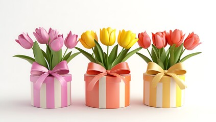 Fototapeta premium Three Gift Boxes with Colorful Tulips in Pink, Yellow, and Orange, Tied with Ribbons on Bright White Background