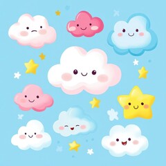 Whimsical Cloud Collection Isolated on Soft Blue Sky Background, Vector Cartoon Illustration for Weather Apps and Children's Media