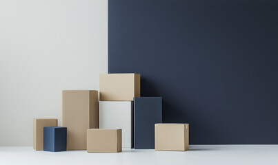 Stack of cardboard boxes placed before an empty white wall, symbolizing organization and industrial simplicity