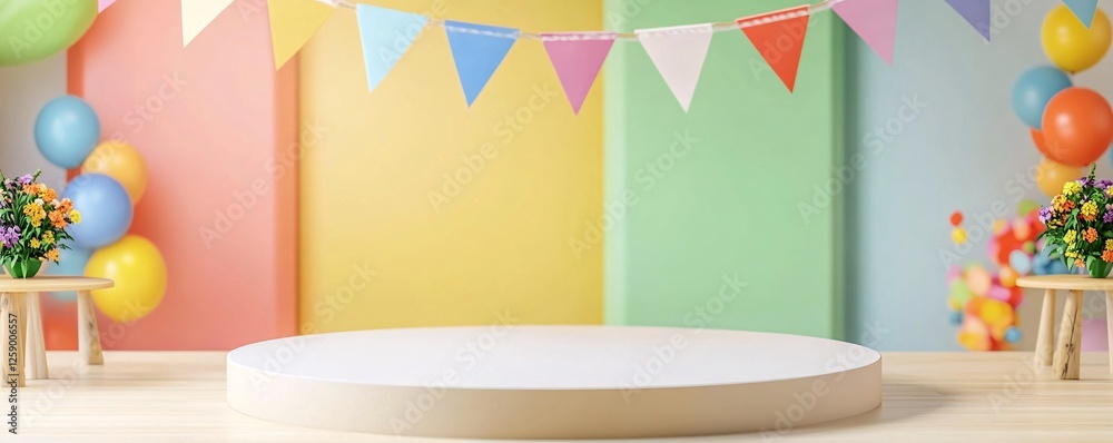 Wall mural Minimal white round podium displaying on colorful background with balloons and bunting flags for product presentation