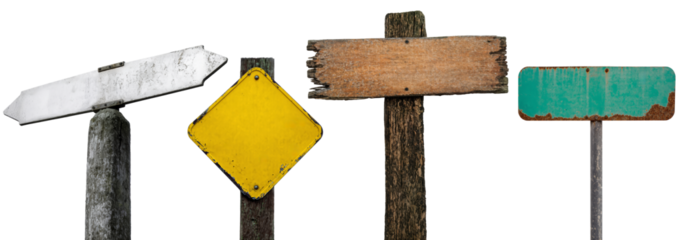 A set of old, weathered blank signs cut out on a transparent background, including wood, metal and road signs with rust, peeling paint and worn textures. PNG