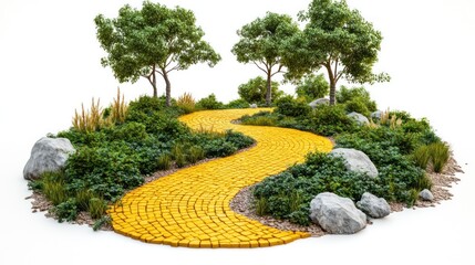 Yellow brick road winding through a lush green landscape with trees and rocks, isolated on white background.