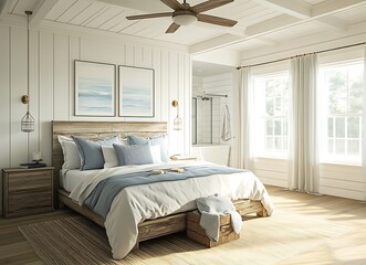 A modern farmhouse bedroom with a large bed, wooden floors, and a ceiling fan