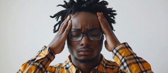 Obraz premium Young man in glasses holding his head in frustration against a plain background